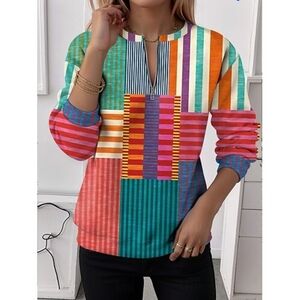 Striped Patchwork Long-Sleeve Top - Multicolor